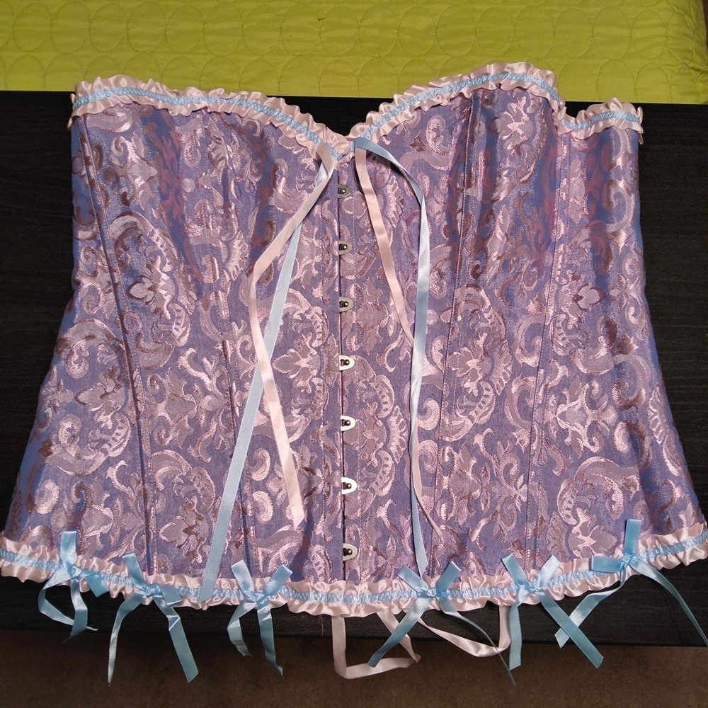 Corset Top Women 6XL Pink Blue Damask Brocade Lace Up Bows Cotton Candy Pastel